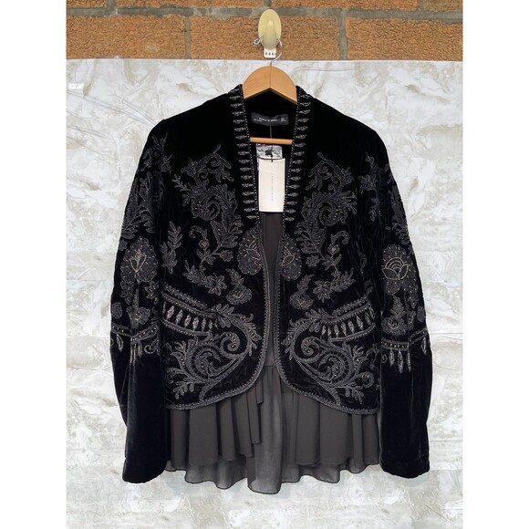 Zara Embellished Frill Floral Embroidered Beaded Velvet Jacket large - Picture 1 of 12